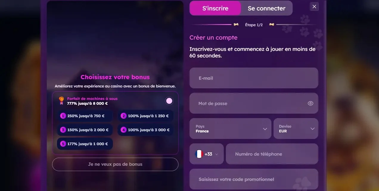 Formulaire d'inscription RoyalDogs et choix du bonus